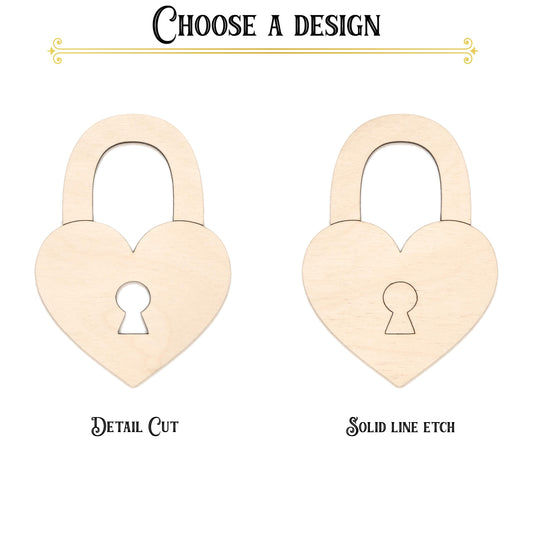 Heart Lock Wood Cutout - Laser Cut Unfinished Craft Shape - Multiple Sizes