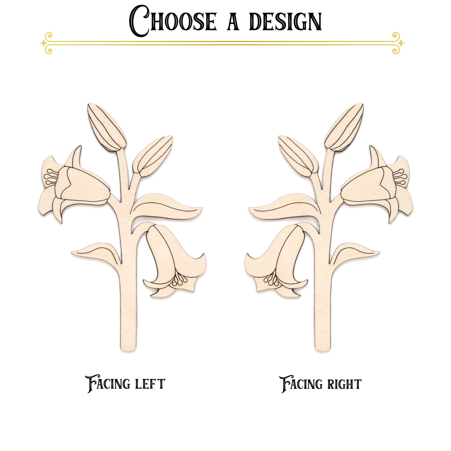 Trumpet Lily Branch Detailed Wood Cutout - Laser Cut Unfinished Craft Shape - Multiple Sizes