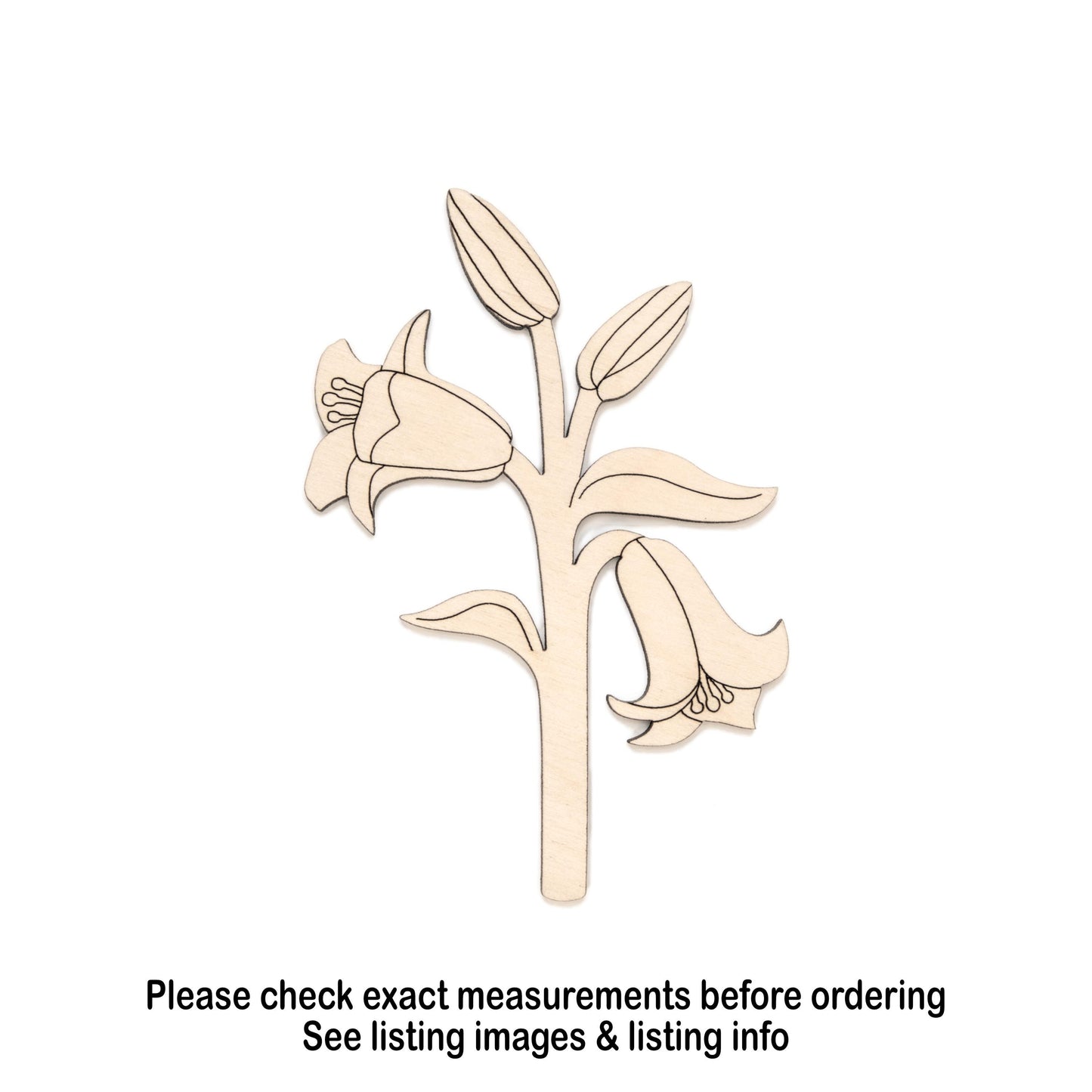 Trumpet Lily Branch Detailed Wood Cutout - Laser Cut Unfinished Craft Shape - Multiple Sizes