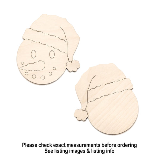 Snowman Head Wood Cutout - Santa Hat - Laser Cut Unfinished Craft Shape - Multiple Sizes
