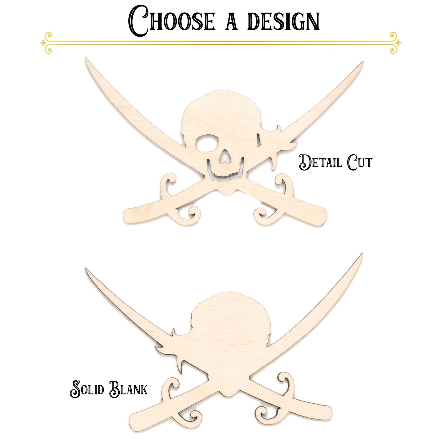 Pirate Skull With Crossed Swords Blank Wood Cutout - Laser Cut Unfinished Craft Shape - Multiple Sizes