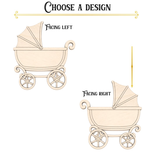 Baby Stroller Vintage Detail Wood Cutout - Laser Cut Unfinished Craft Shape - Multiple Sizes