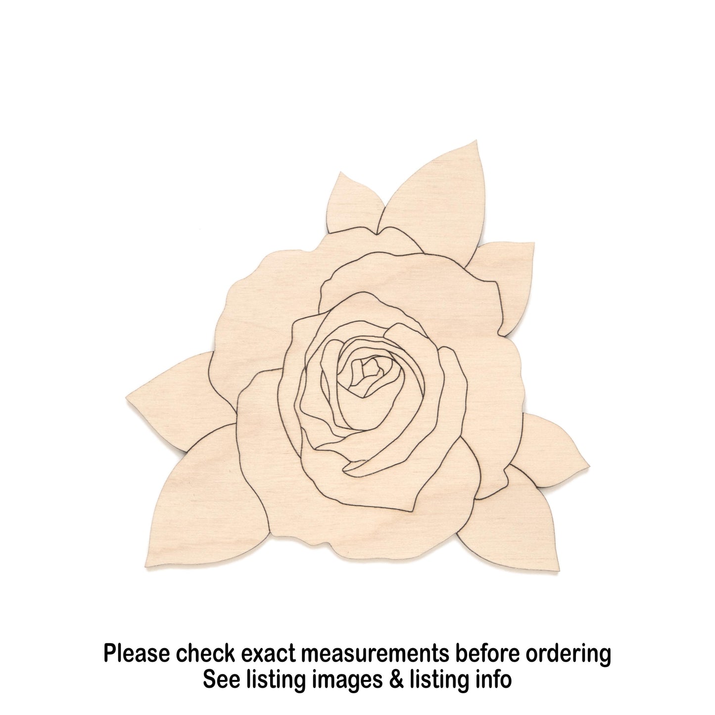 Rose With Leaves Wood Cutout - Laser Cut Unfinished Craft Shape - Multiple Sizes