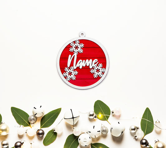 Custom Name With Snow flakes Painted Wood Ornament-Painted 3D Ornament-Red And White-Holiday Painted Ornaments-Personalized Ornaments
