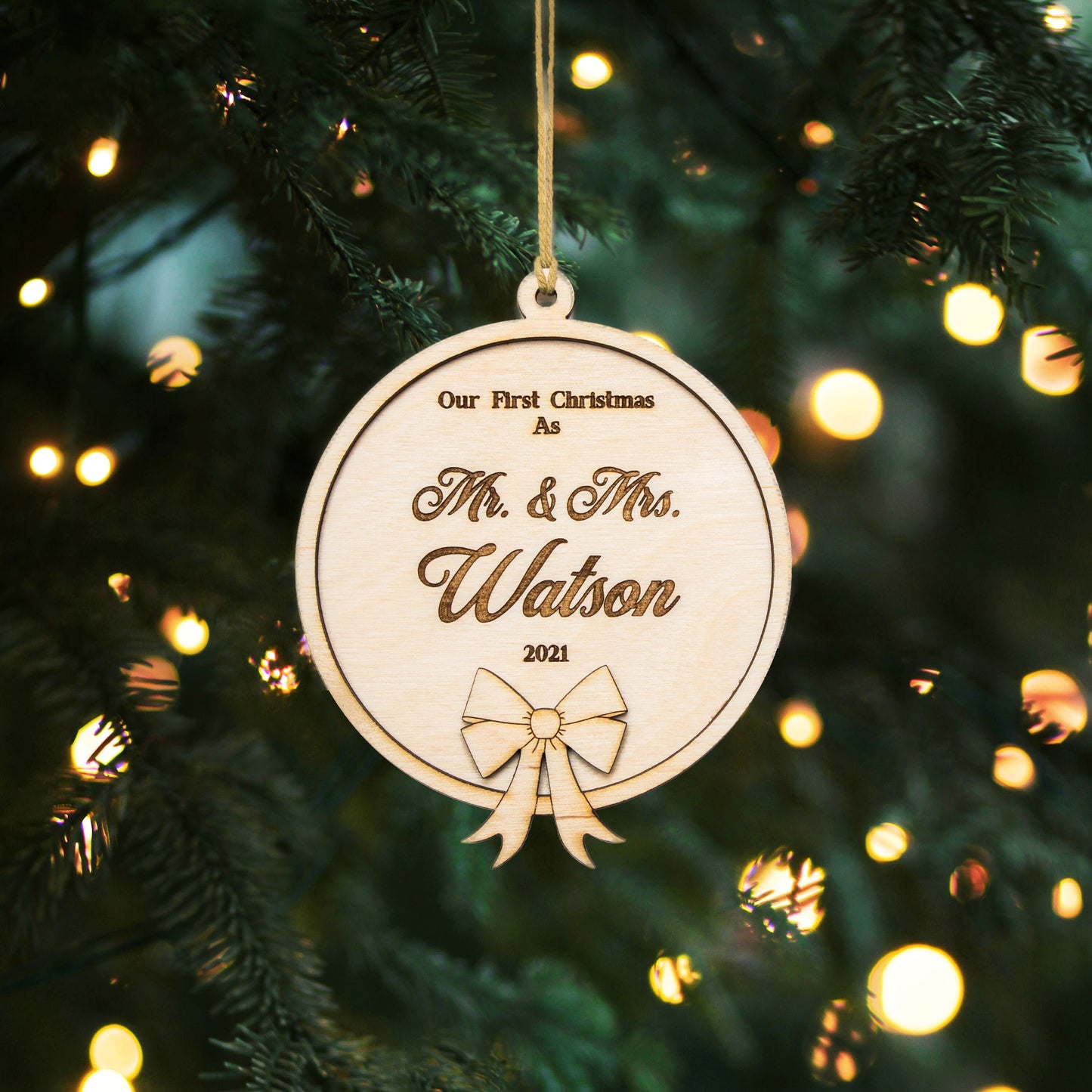 Newlywed Our First Christmas As-Custom Wood Ornament With Year-Round Ornament With Bow-Personalized Gifts-Custom Newlywed Gifts-Etched Names