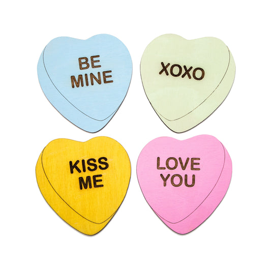 Conversation Hearts-With Etched Fraises-Painted Candy Hearts Wood Cutouts-Candy Decor-Valentine Decor-Valentine's Day Accents-4 Color Set