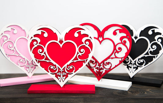 Valentine Counter Top Heart Decor-Valentine Gift-Layered Wood-Various Color Options-Valentine's Day Home Decor-Filigree Design-Two Piece Set