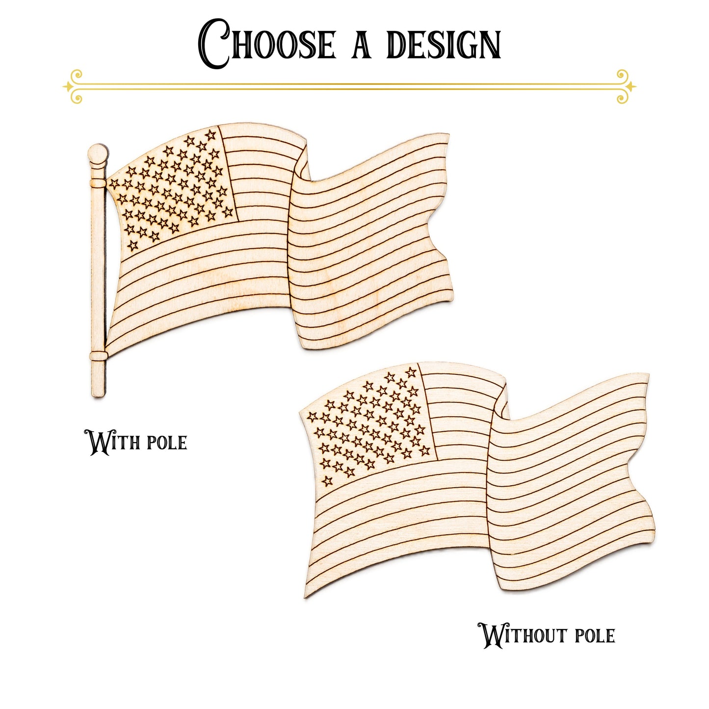 American Flag Wavy-Detail Wood Cutout-Two Design Options-USA Flag On Pole-Wavy Flag Only-Various Sizes-Patriotic Wood Decor-DIY Crafts-Flags