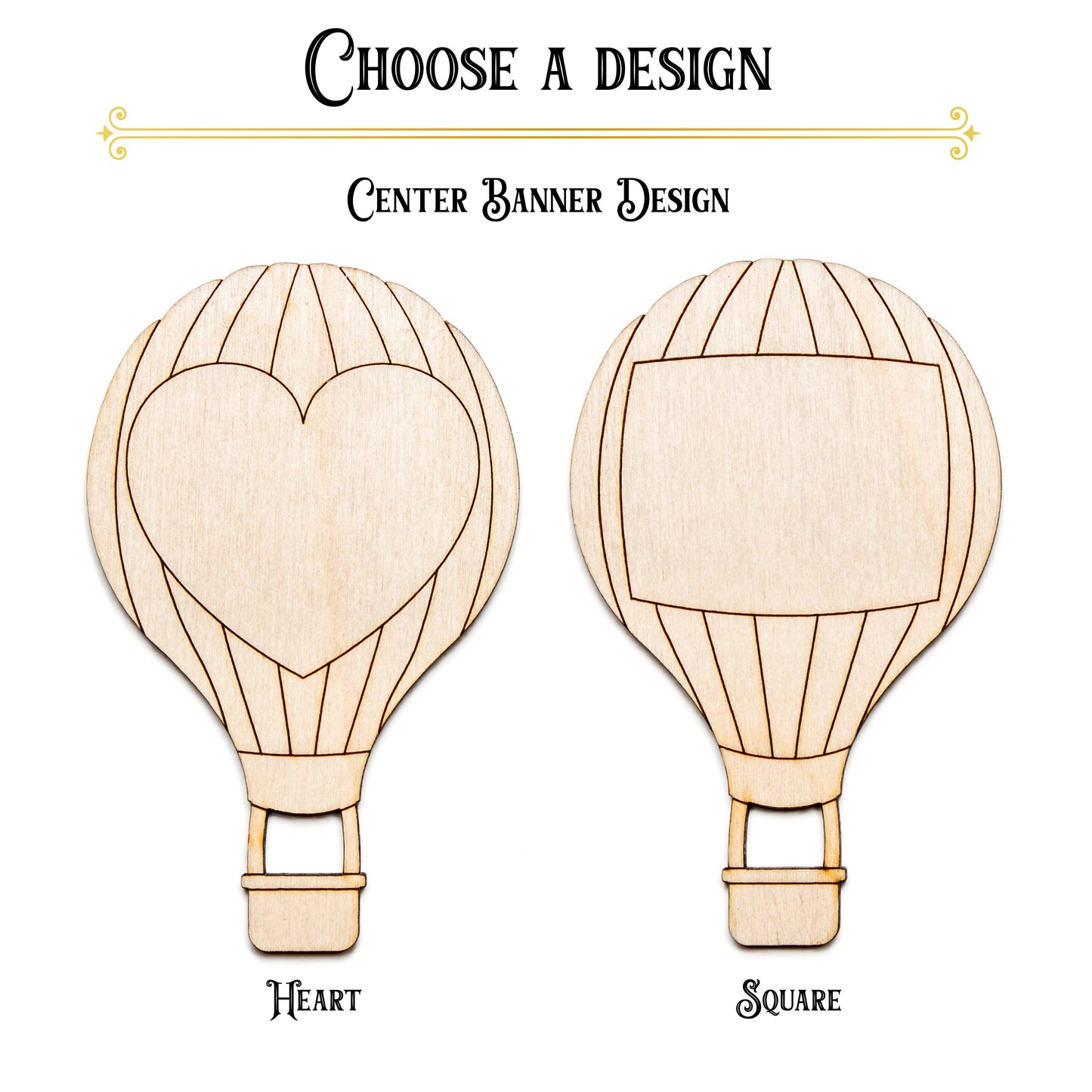 Air Balloon With Banner-Detail Wood Cutout-Two Design Options-Heart  Or Square-Airship Wood Decor-Various Sizes-Sky Balloon-Festival Decor