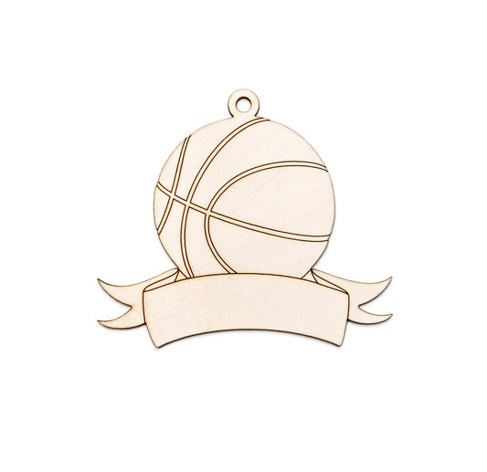 Basketball With Banner Detail Ornament-Wood Cutout-Holiday Decor-Christmas Tree Decor-DIY Crafts-Various Sizes-Sports Theme Decor-Paintable