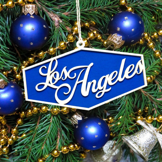 Los Angeles Painted Wood Ornament-LA Theme Decor-Blue And White-Sports Theme-Los Angeles Gifts-Holiday Decor-Two Layer Piece-Tree Ornament