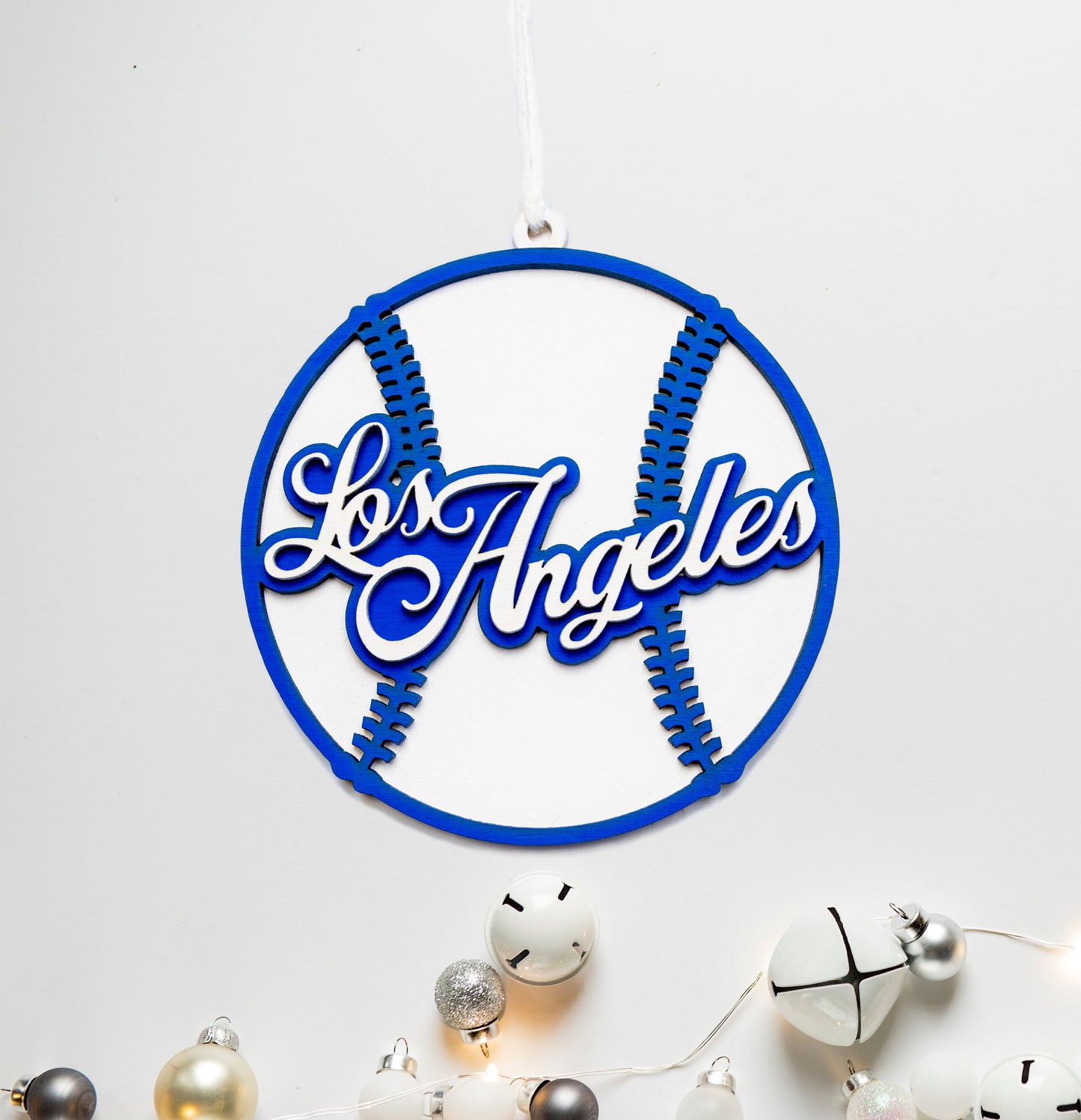 Los Angeles Baseball Painted Wood Ornament-LA Theme Decor-Blue And White-Sports Theme-Los Angeles Gifts-Three Layer Piece-3D Tree Ornament