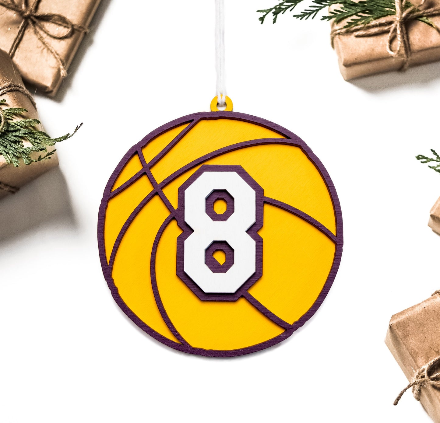 8 And 24 Number Basketball Painted Wood Ornament-LA Theme Decor-Sports Player Theme-Los Angeles Gifts-Three Layer Piece-3D Tree Ornament