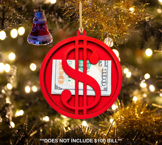 Dollar Sign Money Holder-Wood Ornament-Holiday Gifts-Two Color Options-Holiday Red And Unfinished Wood-Tree Money Holder-Wooden Gift Tags