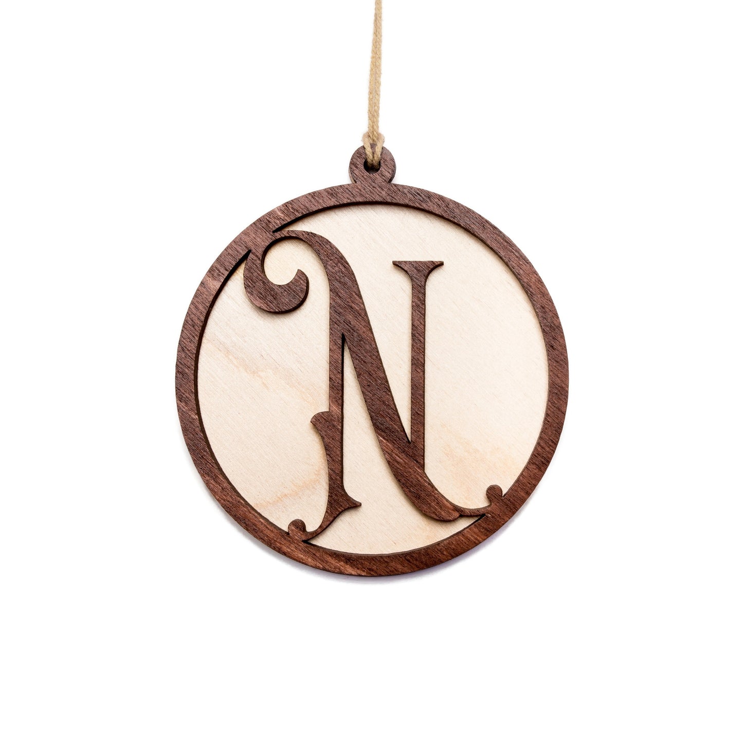 Custom Monogram Wood Ornament-Painted-Two Layer Ornament-Natural And Walnut Stained-Holiday Painted Ornaments-Personalized Ornament Gifts