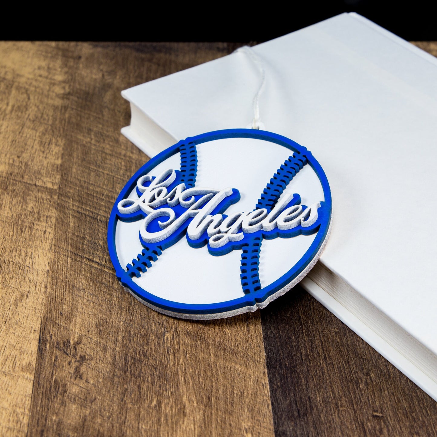 Los Angeles Baseball Painted Wood Ornament-LA Theme Decor-Blue And White-Sports Theme-Los Angeles Gifts-Three Layer Piece-3D Tree Ornament