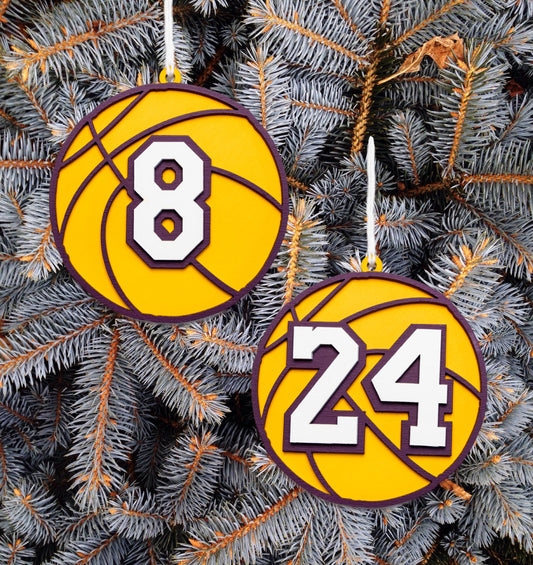8 And 24 Number Basketball Painted Wood Ornament-LA Theme Decor-Sports Player Theme-Los Angeles Gifts-Three Layer Piece-3D Tree Ornament