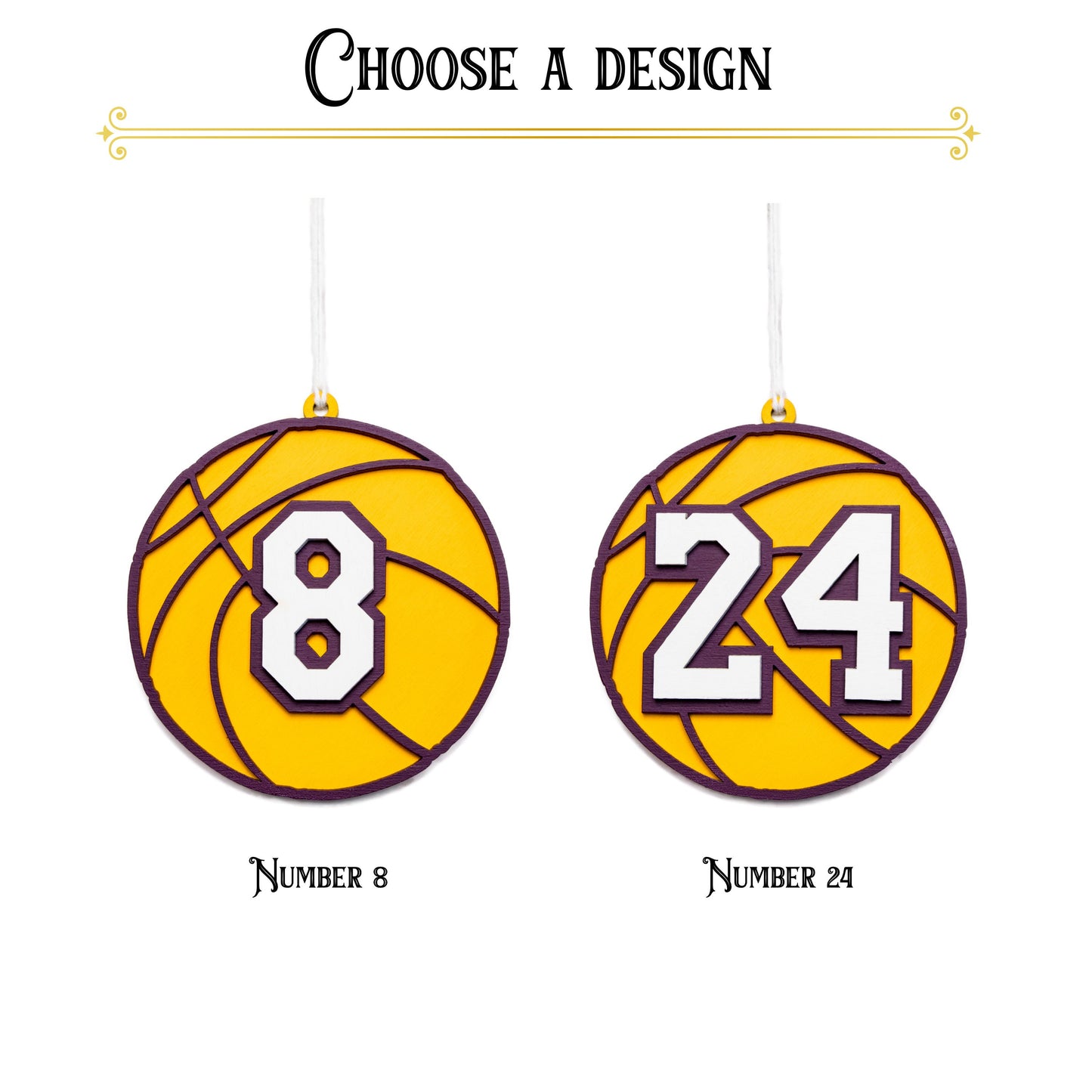 8 And 24 Number Basketball Painted Wood Ornament-LA Theme Decor-Sports Player Theme-Los Angeles Gifts-Three Layer Piece-3D Tree Ornament