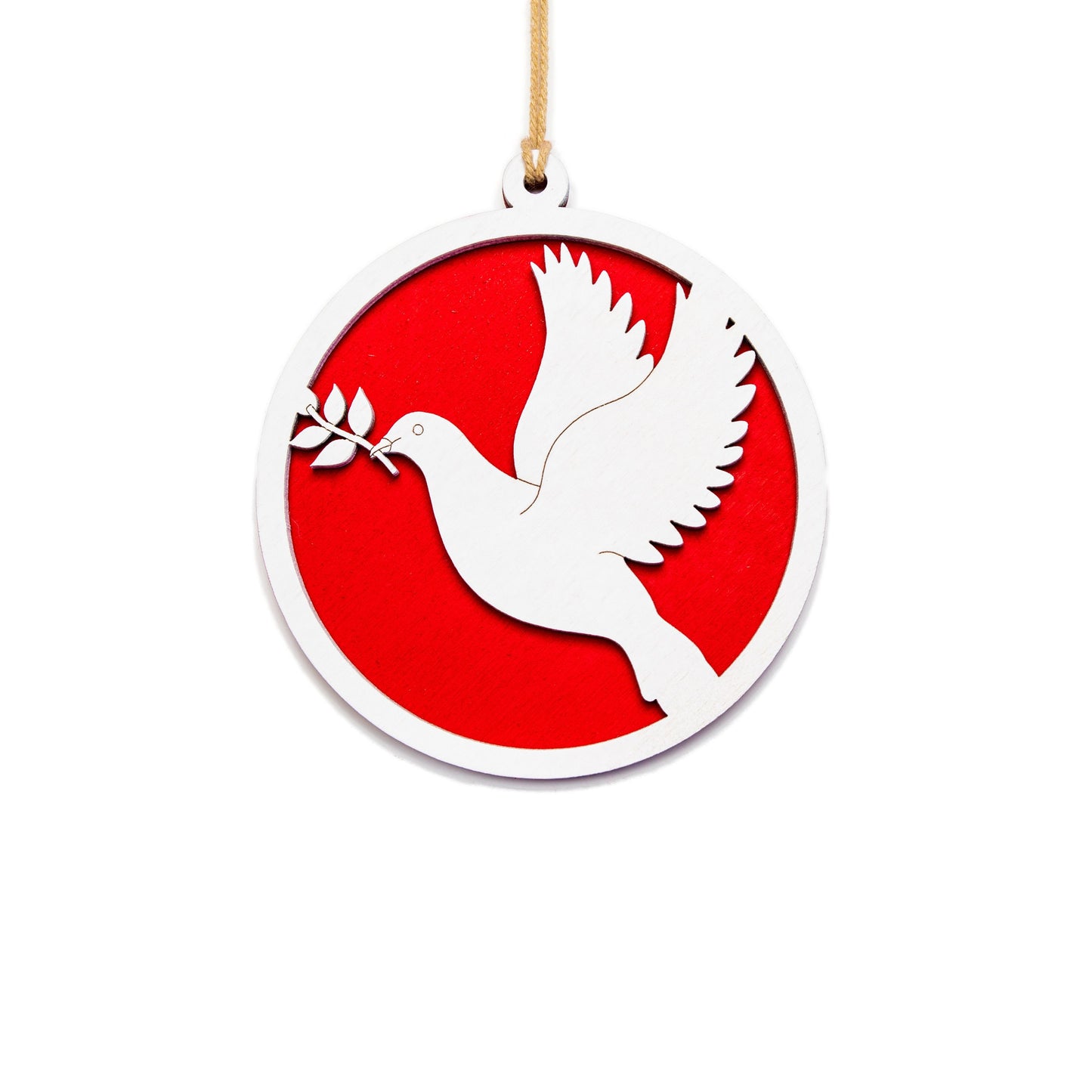 Dove With Olive Branch Painted Wood Ornament-Two Layer Design-Holiday Decor-Red And White Holiday Ornament-Peace Decor-Christmas Tree Decor