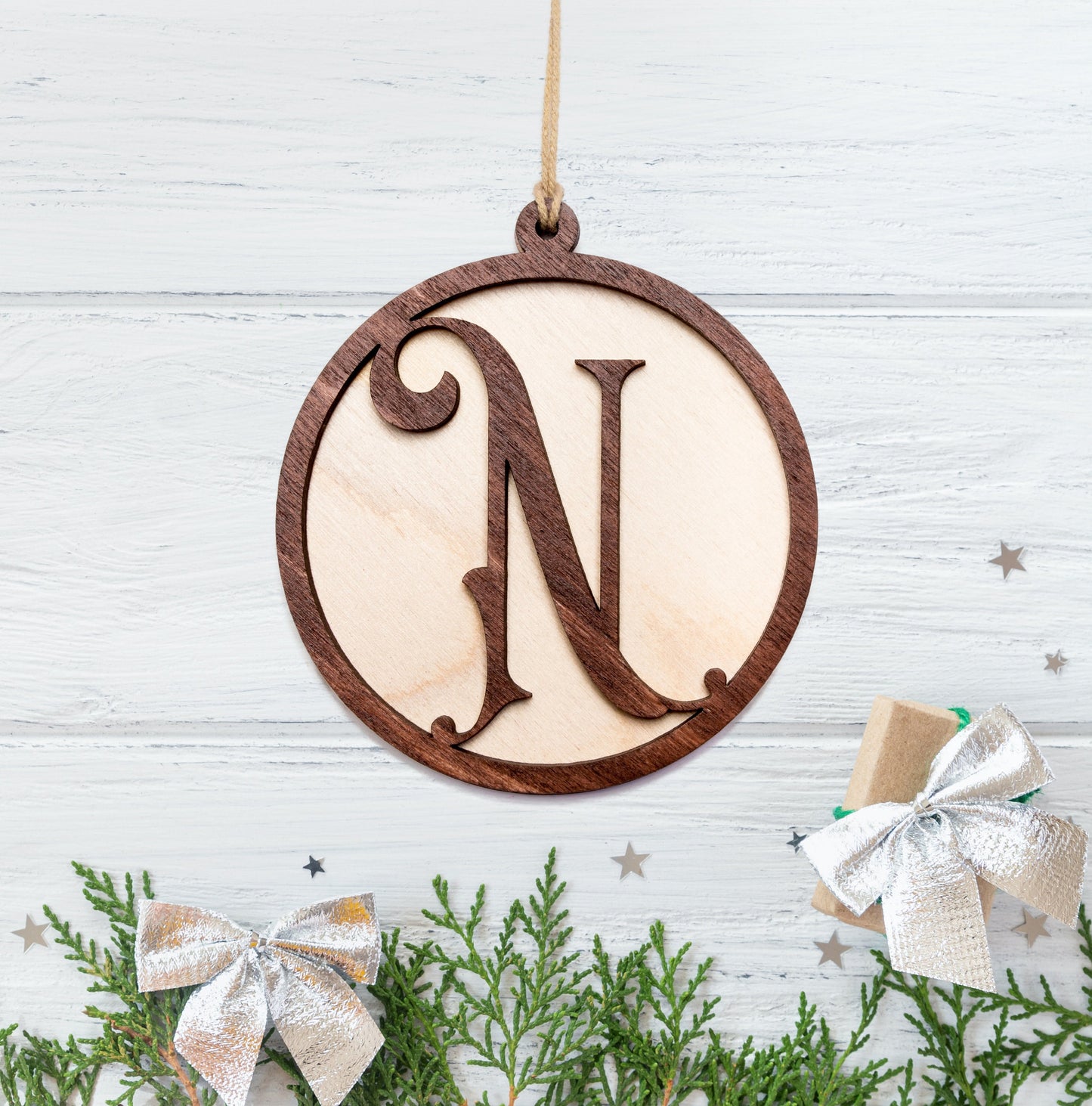 Custom Monogram Wood Ornament-Painted-Two Layer Ornament-Natural And Walnut Stained-Holiday Painted Ornaments-Personalized Ornament Gifts