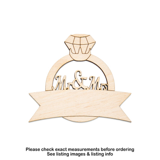 Mr. And Mrs. Wedding Ring With Banner Wood Cutout-Make Your Own Signs-Various Sizes-Unfinished Wood-Wedding Labels-Gift Accents-Ring Cutout