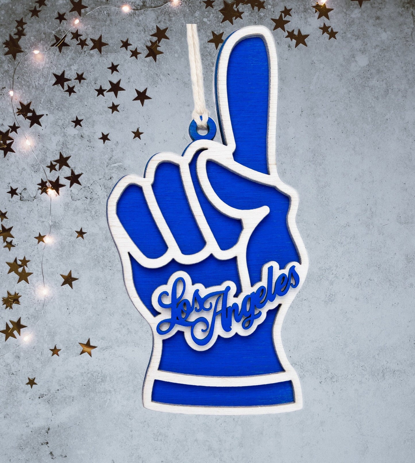 Sports Hand Los Angeles Painted Wood Ornament-LA Theme Decor-Blue And White-Sports Theme-Los Angeles Gift-Three Layer Piece-3D Tree Ornament